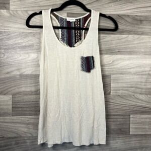 Blu Planet Womens M Tank Top Beige Black Heathered Scoop Neck Pocket Embroidered